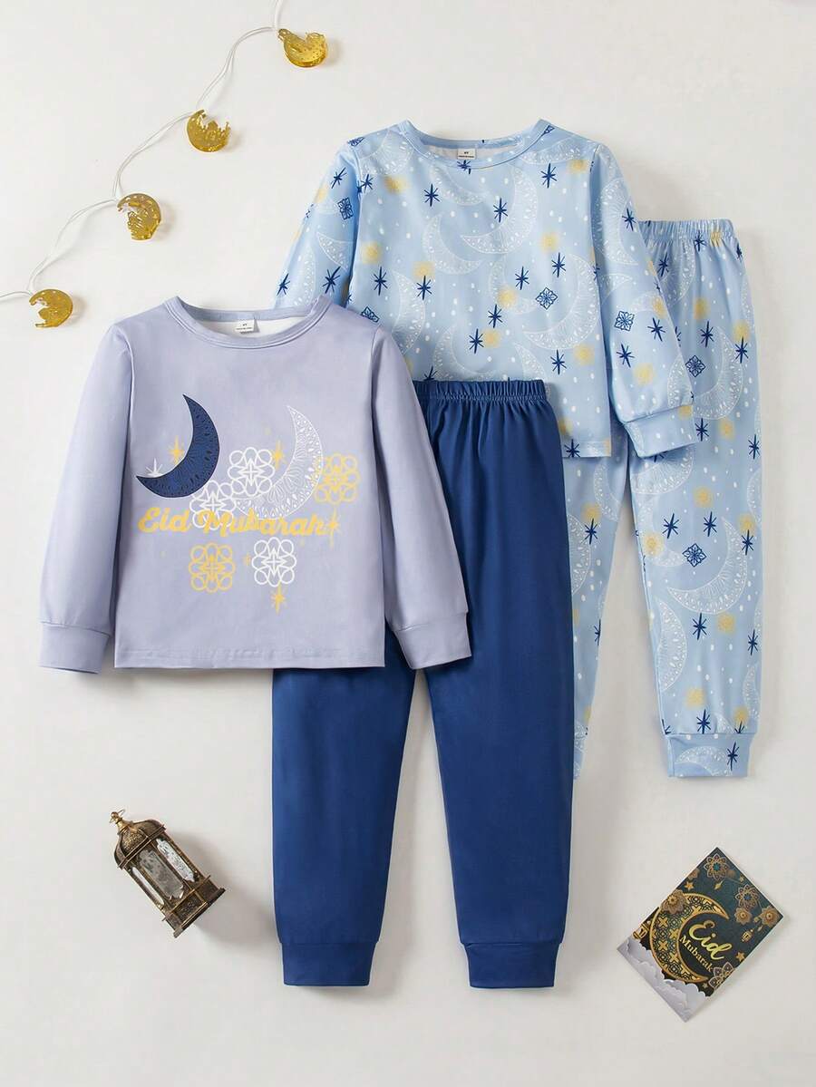 Pijamale pentru băieți - Set de pijamale din 2 piese, imprimeu cu lună și stele, albastru deschis, lavandă, bleumarin, cu guler rotund, mânecă lungă, talie elastică, pantaloni lungi, confortabili, elastici, ideali pentru culcare, joacă, fotografii de familie, Four Seasons 2026, esențiale pentru sărbători - Multicolor - Vizualizare 1
