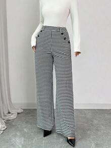 Elenzga 女士纽扣设计千鸟格阔腿宽松优雅裤 - 彩色 - 查看 1