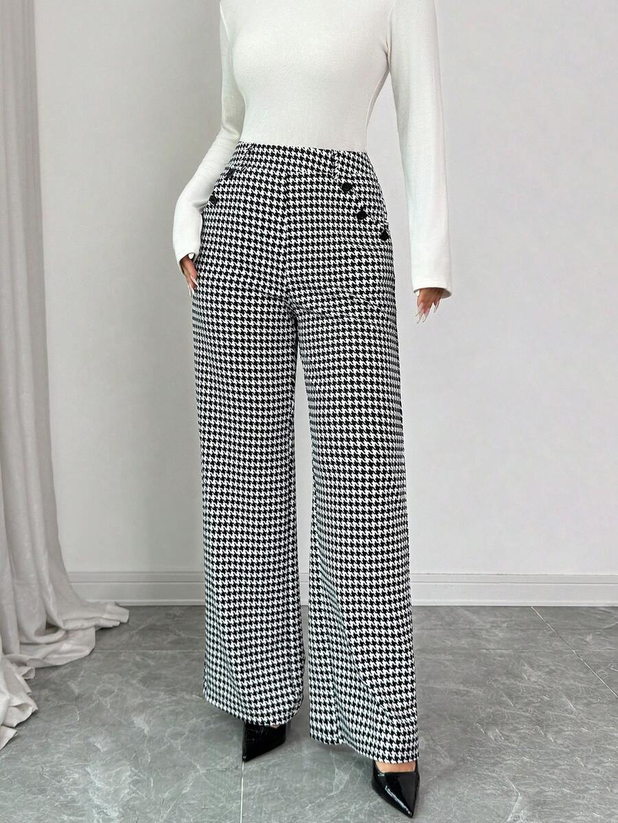 Elenzga 女士纽扣设计千鸟格阔腿宽松优雅裤 - 彩色 - 查看 1