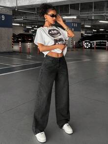 EURMUSE 90'S LOW WAIST BABY BLUE BAGGY LOOSE STRAIGHT LEG JEAN - Dark Grey - View 6