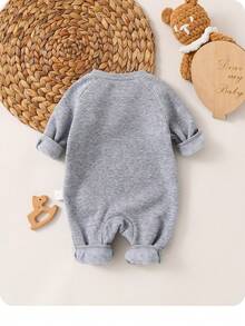 新生女宝宝可爱休闲针织杏色卡通图案长袖连体衣 - 淺灰色 - 查看 2