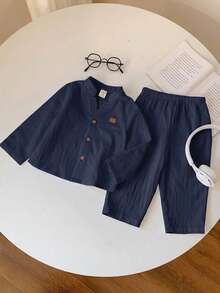 2 Peças Conjunto Básico Casual para Bebê Menino/Menina, Camisa de Manga Longa Branca com Gola Mandarim e Calça de Cintura Elástica, Adequado para Outono, Primavera, Verão, Ideal para Festa de Aniversário, Festa de Ano Novo, Festa da Noite, Apresentação, Casamento, Chá de Bebê, Batizado e Comemoração do 1º Aniversário - Azul Marinho - Visão 3