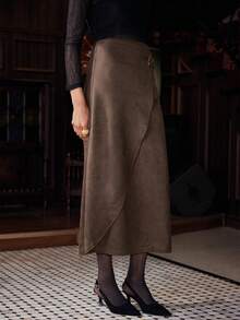 Uhlyne Uhlyne Damen eleganter plissierter Wildlederrock, vielseitig für Frühling, Herbst, Winter, geeignet für Urlaub, Party, Pendeln, Büro, Alltag, einfarbiger Metalldekor - Mokka-Braun - Übersicht 7