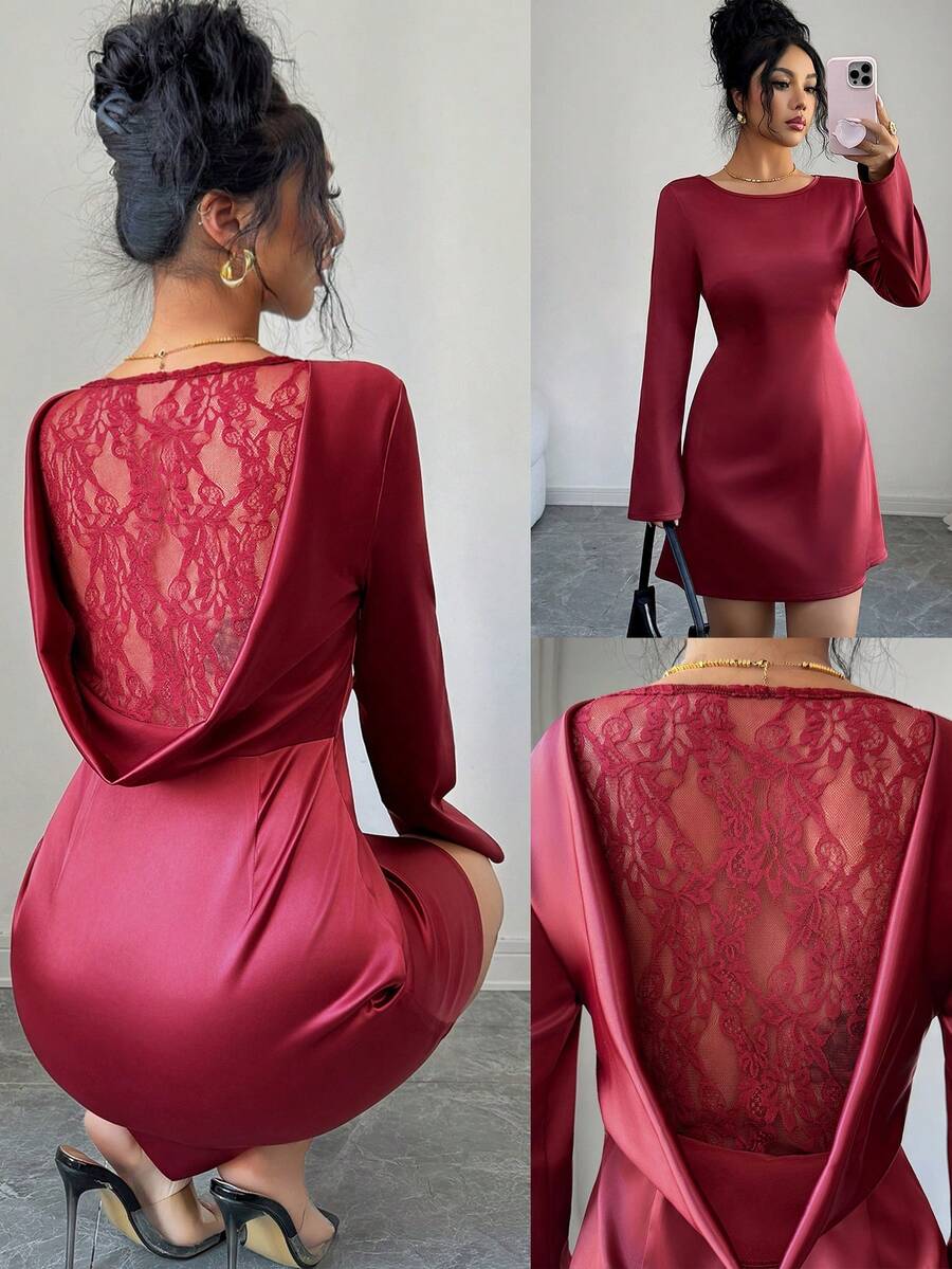 Modelyn 迷你酒红色露背撞色蕾丝连衣裙 - 酒紅色 - 查看 1