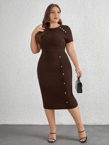 SHEIN Privé Plus Size Women's Solid Color Round Neck Short Sleeve Button Design Elegant Fitted Dress Plus Size Brown Dress Brown Bodycon Dress - Brown - View 5