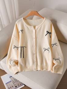 CosyJoli Plus Size Casual Bow Embroidered Round Neck Cardigan Sweater Cute Button Up Bow Cardigan In Fall/Winter/Spring Women, Spring Breaks - Apricot - View 3