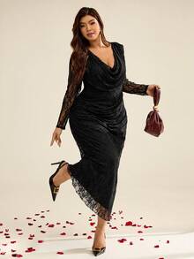 Auralis 新款时尚弹力网纱透视紧身深V领收腰连衣裙，性感深V领垂褶长袖优雅礼服，适合派对、婚礼等场合，大码尺码 - 黑色 - 查看 2