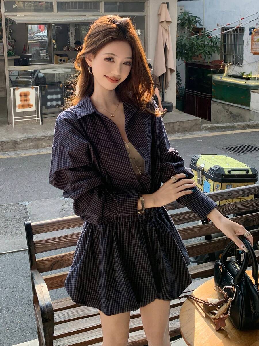 DAZY Women's Plaid Korean Style Long Sleeve Mini Dress - Blue - View 1