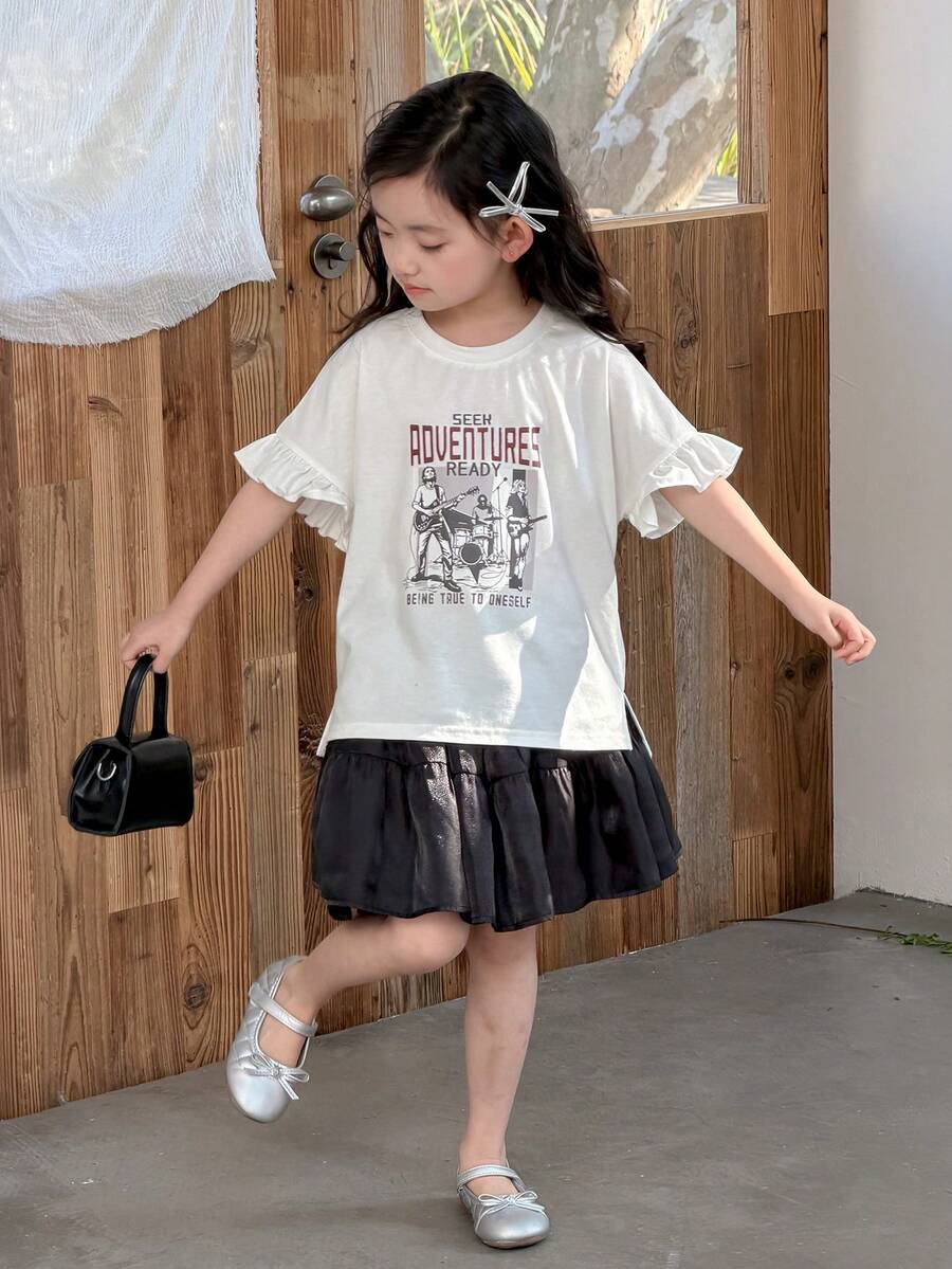 DAZY Young Girl' Round Neck English Letter Print Ruffle Hem Short Sleeve T-Shirt, Summer - White - View 1