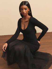 NYA SZN Dress Long Sleeve V Neck Fitted Bodycon Tulle Skirt Black Winter Spring Festival Festival Event Party Special Occasion Midi Length Carnival Outfits For Women - Black - View 1