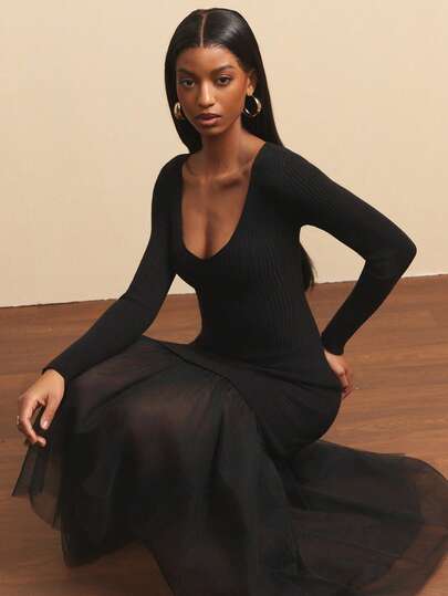 NYA SZN Dress Long Sleeve V Neck Fitted Bodycon Tulle Skirt Black Winter Spring Festival Festival Event Party Special Occasion Midi Length Carnival Outfits For Women