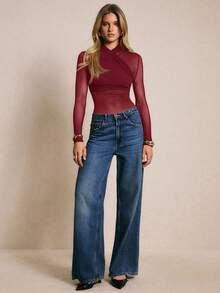 Poéselle Women's Fashionable Sexy Sheer Wrap Long Sleeve Bodysuit, Autumn