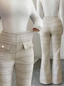 SHEIN Elenzya 2025 New Elegant French Style Blue Plaid Elastic Tweed Design Waist Cinching Slim Fit Pearl Button Elastic Waist Flared Casual Versatile Metallic Thread Holiday Autumn Women Pants - Brown - View 2
