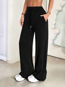 Dewbera 女士宽腰带抽绳口袋运动瑜伽健身户外宽松裤 - 黑色 - 查看 4