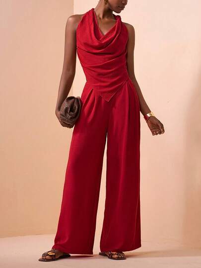 Zivah 2026 Spring/Summer New Valentine's Day, Music Festival, Easter, Western, Nomadic, Bohemian, Nashville Inspired Party, Wedding, Evening, Date, Gathering, Birthday, College, Student, Casual, Daily, Basic, Leisure, Vacation, Cruise, Beach, Sunbathing, Trending, Elegant, Commute, Business Casual Red Asymmetric Tie-Front Crop Top + Wide Leg Pants Set, Real Pockets, Textured Fabric, Women 2-Piece Outfit, Spring/Summer, Leisure Set