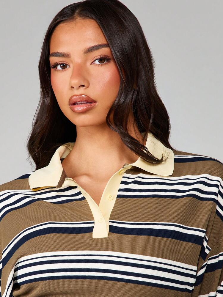 MISSGUIDED Striped Long Sleeve Rugby Polo Top With Button Placket And Ribbed Collar Casual Fall Winter Pullover Shirt