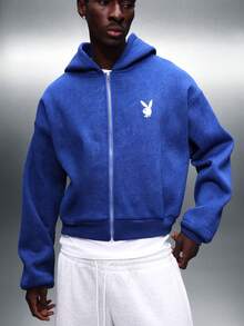 PLAYBOY X SUMWON Áo hoodie nam màu xanh dương đậm có khóa kéo, dây rút và túi giữa, in logo hình thỏ, phong cách đường phố thường ngày. - Màu xanh lam - Xem 4