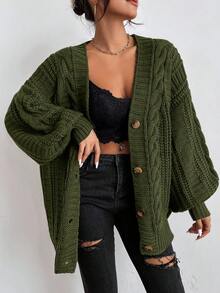 EURMUSE Áo khoác cardigan tay đèn lồng dáng rộng, màu trơn, đơn giản, dễ mặc, đi làm hàng ngày, mùa thu/đông - xanh quân đội - Xem 1