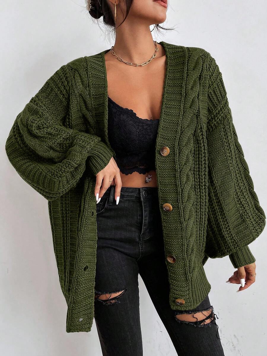 EURMUSE Áo khoác cardigan tay đèn lồng dáng rộng, màu trơn, đơn giản, dễ mặc, đi làm hàng ngày, mùa thu/đông - xanh quân đội - Xem 1