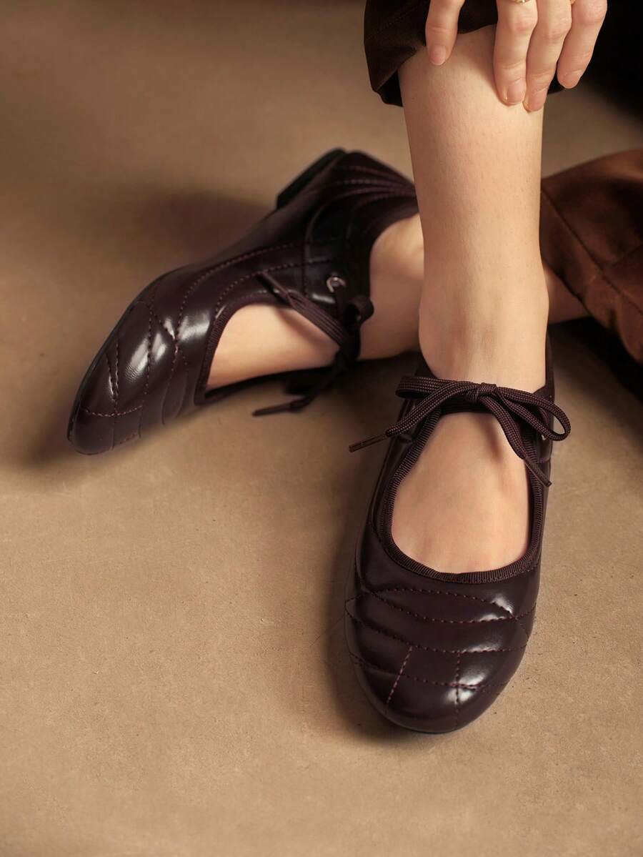 Rosivie 女士休闲百搭通勤简约系带平底鞋 - 咖啡棕 - 查看 1