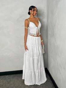 SHEIN BAE 女士夏季海滩度假浪漫约会日常外出蕾丝拼接吊带背心+低腰褶皱A字长裙套装，白色亚麻面料