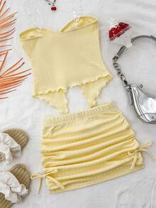 Tween Girls' Cute Yellow Asymmetric Hem Tank Top And Skirt 2 Pieces Set,Soft Summer Colour Palette Summer Vacation Ribbed Bow Knot Tied Details Outfit - Yellow - View 2