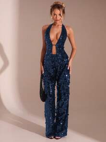 SHEIN Glamour 两件套深蓝色亮片露背性感露肩无袖上衣+裤子套装，街头风，秋冬套装，演唱会套装，夜店套装，约会套装，优雅套装，舞会套装，锐舞套装，女士生日套装，派对必备，花卉时尚，闪亮套装，情人节套装 - 藏蓝色 - 查看 6