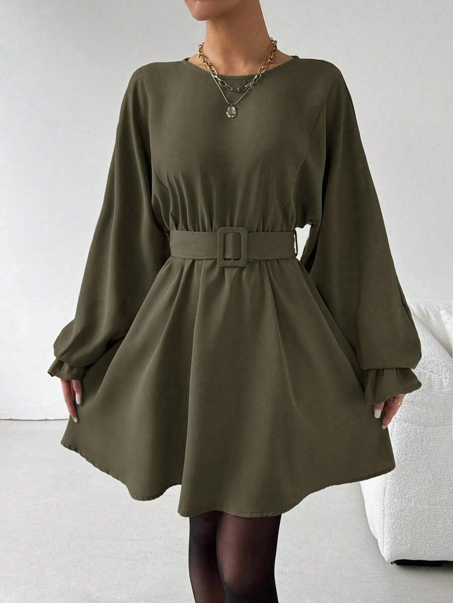 Chiquease Casual Commuter Solid Color Belted Lantern Sleeve Dress - Green - View 1