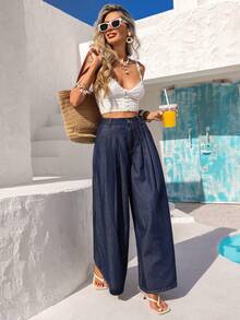 Vivid Eden 女士纯色中腰褶裥口袋宽松牛仔裤 - 深色水洗藍 - 查看 7