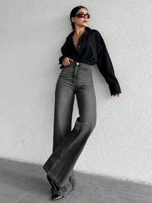 SHEIN Quần jean ống rộng cạp cao 100% cotton - Màu xám đen - Xem 3