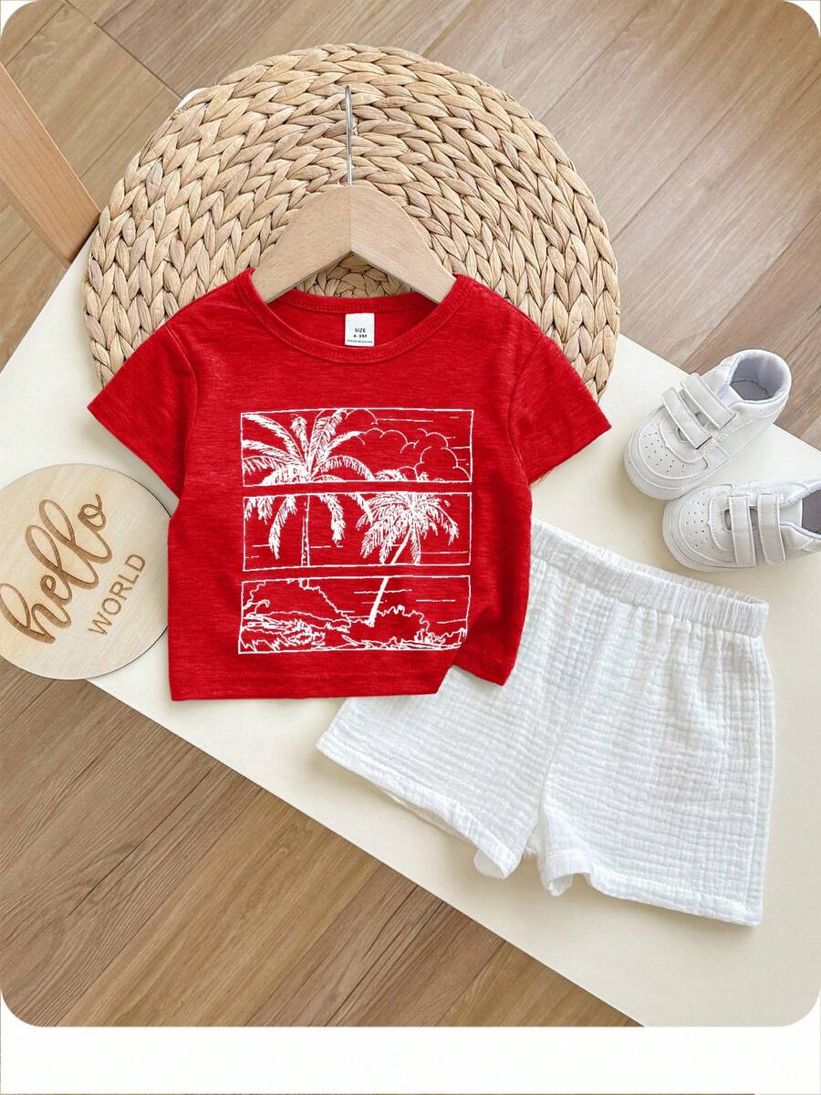 Cartoon Coconut Tree Pattern Soft Knit Crew Neck Short Sleeve Top For Baby Boys & Girls - Red - View 1