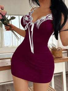 Casual Young Women's Sleeveless Burgundy Mini Slip Dress Knitted With Delicate Lace And Tie Front Accents Night Dresses Women Sexy Sleep Dress Lace Nightgown Lingerie Sleepwear Spaghetti Strap Lace Night Gown - Burgundy - View 4