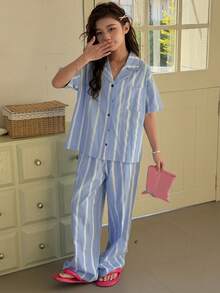 Dazy Kids 少女条纹翻领短袖单排扣上衣和裤子睡衣套装 - 藍色 - 查看 5