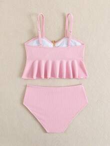 Tween Girl Pink Solid Color Ruffle Trim Spaghetti Strap Bikini 2 Pieces Set High Waist Mermaid Starfish Detail Cute Summer Beach Pool Holiday - Pink - View 2