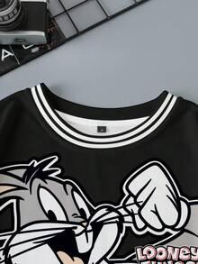 LOONEY TUNES X SHEIN Men's Casual Everyday Commute Fashion Street Funny Cartoon Rabbit & Letter Print Contrast Striped Trim Dropped Shoulder Loose Fit Crew Neck Sweatshirt, Spring/Autumn - White - View 6