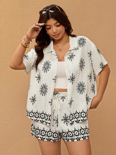 Elaquor Plus Size Women Floral Embroidery Short Sleeve Shirt And Shorts Casual 2-Piece Set Plus Size Short Sets Plus Size Summer Outfit Women Plus Summer Clothing Plus Size Summer Shirt Beach Vacation Cover Up Top Spring/Summer Outfit Women Spring/Summer Dress For Women