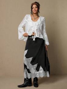 Freevana Plus Size Women Ruffle Hem Front Tie Elegant Blouse Boho Blouses White Boho Top Blouse Summer White Cover Up Top - White - View 3
