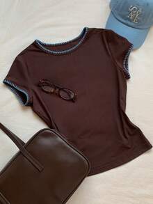 Comfortcana 女士花卉边饰圆领短袖休闲百搭T恤