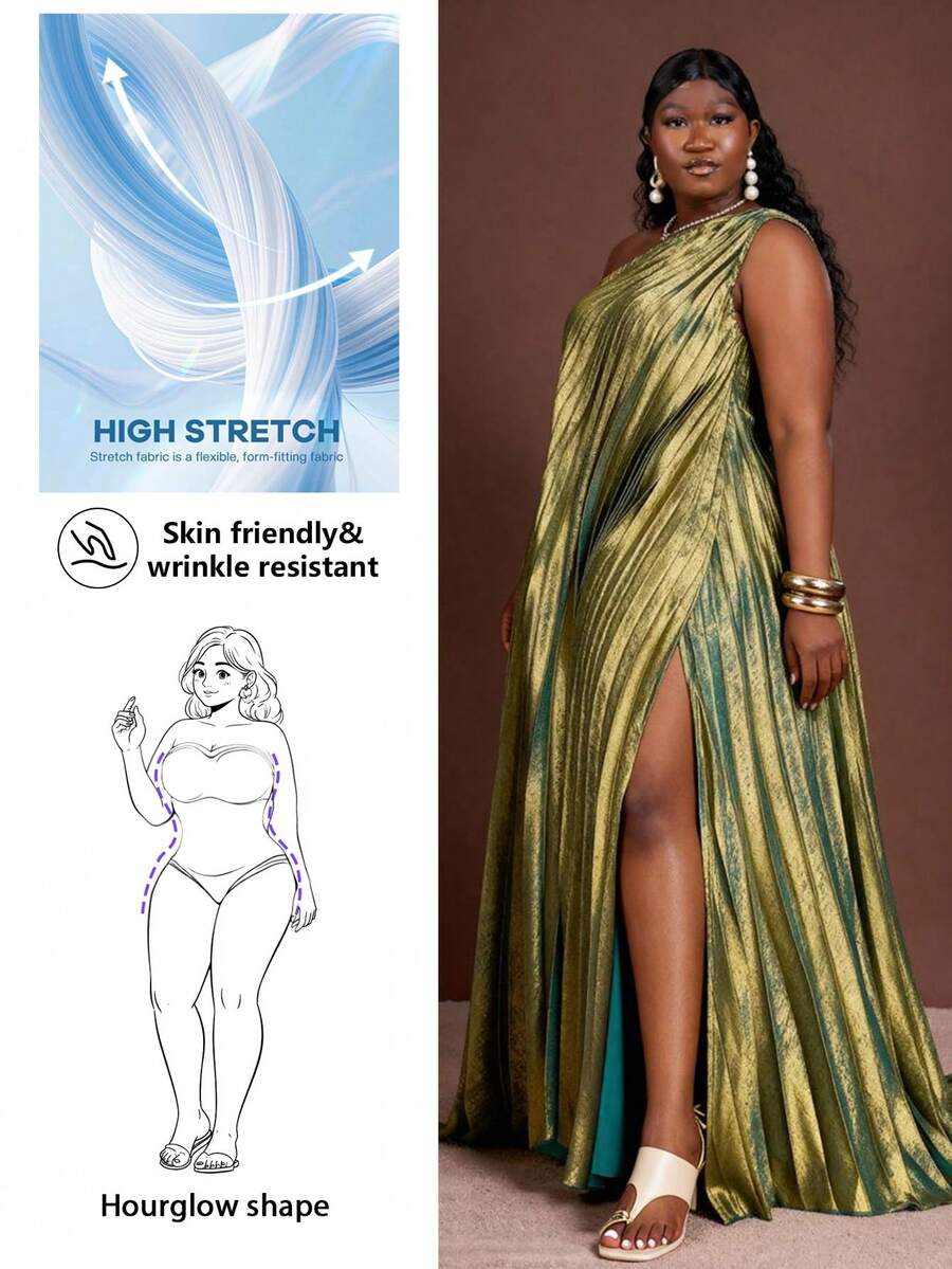 CurvyTilda 2025 春夏秋新款优雅派对、优雅约会、毕业季、生日派对、连衣裙、聚会、婚礼季、宴会、性感、宽松无袖单肩、单高开衩、闪亮面料、全身褶皱大码长裙 - A - 綠色 - 查看 1