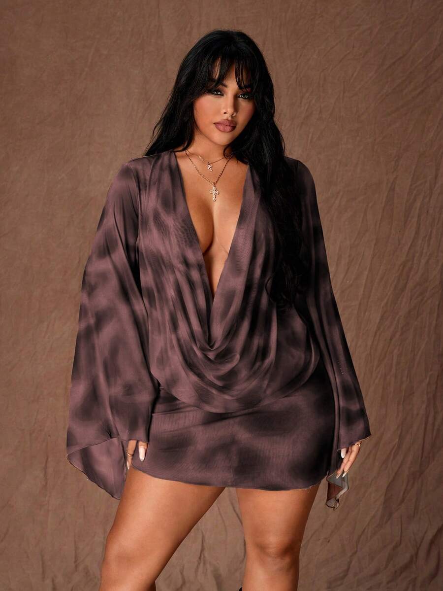 Rustia Deep Draped Neck Leopard Print Mesh Bodycon Mini Dress With Flared Sleeves, Sexy Party Wear For Women, Early Autumn - Red Violet - View 1