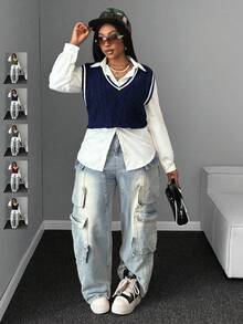 Maweii 大码女式针织背心，撞色设计，深V领，宽松休闲，适合秋冬季节，学院风，面料柔软舒适，日常通勤皆宜。 - 藏蓝色 - 查看 1