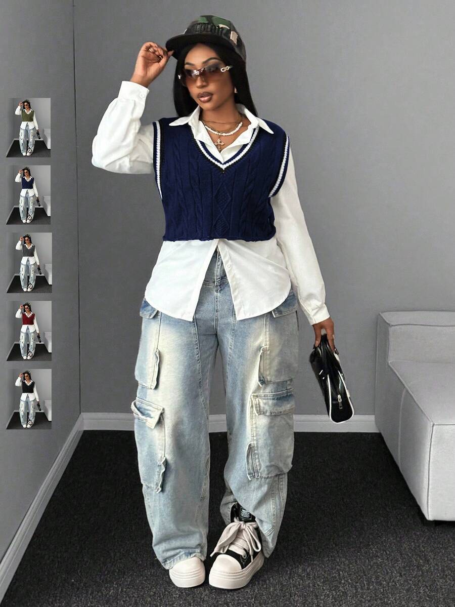 Maweii 大码女式针织背心，撞色设计，深V领，宽松休闲，适合秋冬季节，学院风，面料柔软舒适，日常通勤皆宜。 - 藏蓝色 - 查看 1