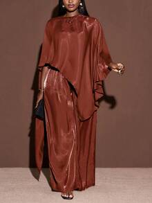 Veslaya 2025 Plus Size Women's Winter Clothing Glossy Fabric Cape Style Top Loose Pants Two Pieces Set, Suitable For Christmas/New Year Clothing/Parties/Women's Elegance/Shiny Two Pieces Set/Women's Thanksgiving Outfit/Formal Dress - Red - View 8