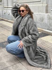 SHEIN EZwear 大码女式黑色仿皮草外套，秋冬季 - 黑色 - 查看 2