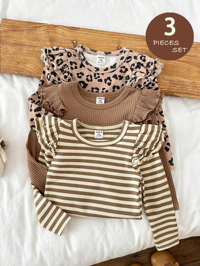 LMoss Kids LMoss 3pcs Baby Girl Cute Versatile Solid Color Knit Long Sleeve Top With Ruffle Sleeves, Striped And Leopard Print Patterns, Multi-Piece Tops, Casual And Stylish,Autumn/Winter