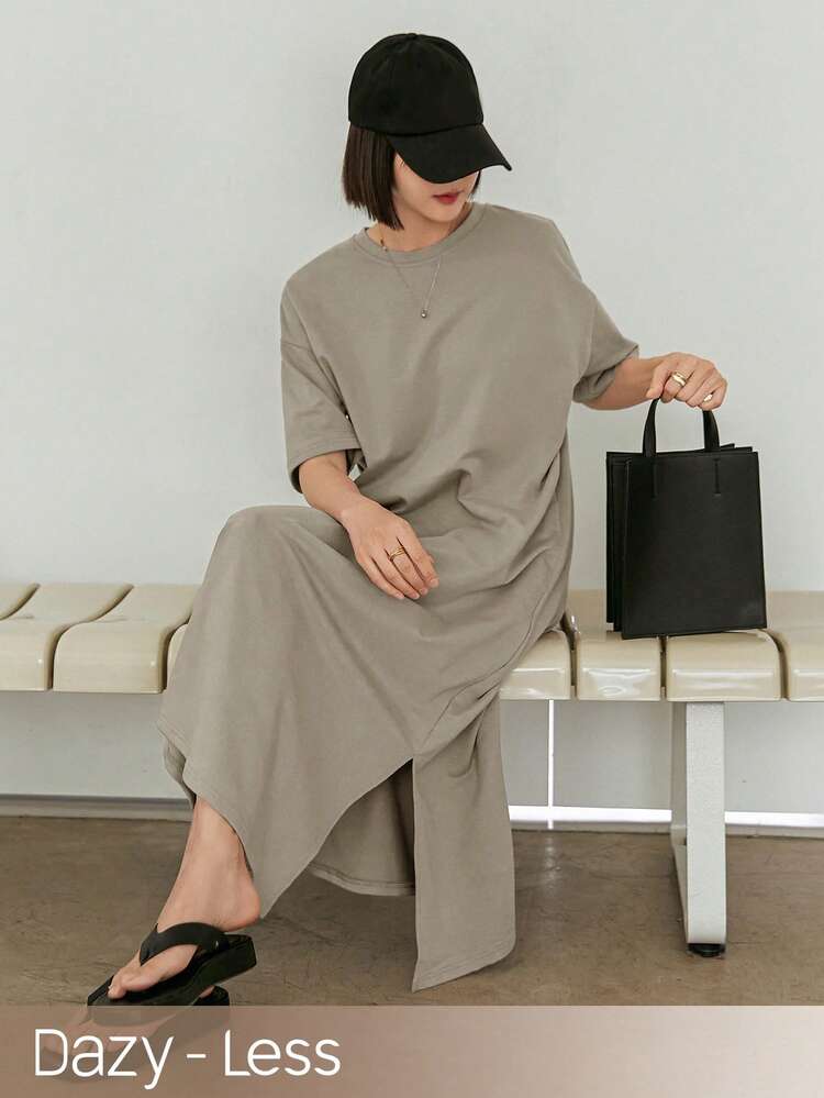 Ladies" Summer Round Neck Drop Shoulder Short Sleeve Loose Solid Color Casual Dress Sundress Business Casual Women Maxi Dress