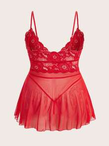 SHEIN Plus Size Classic Sexy Red Mesh Babydoll Lingerie With Contrast Lace Detail - Red - View 2