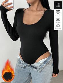 Flirla Black Knit High Elasticity Crew Neck Thumb Hole Bodysuit For Women, Casual Sporty Outerwear & Homewear, Comfortable For Daily Wear, Versatile - Black - View 1