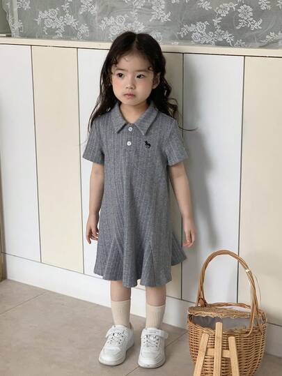 DAZY Toddler Girls' Turndown Collar Cartoon Embroidery Casual Solid Color Short Sleeve Dress, Spring/Summer