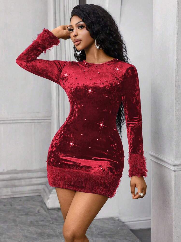 shein red velvet dress SHEIN LUNE Women's Burgundy Red Round Neck Long Sleeve Feather Trim Cuff &  Hem Bodycon Mini Dress,Velvet Fabric,Elegant,Autumn Night Out Thermal Party  Dress